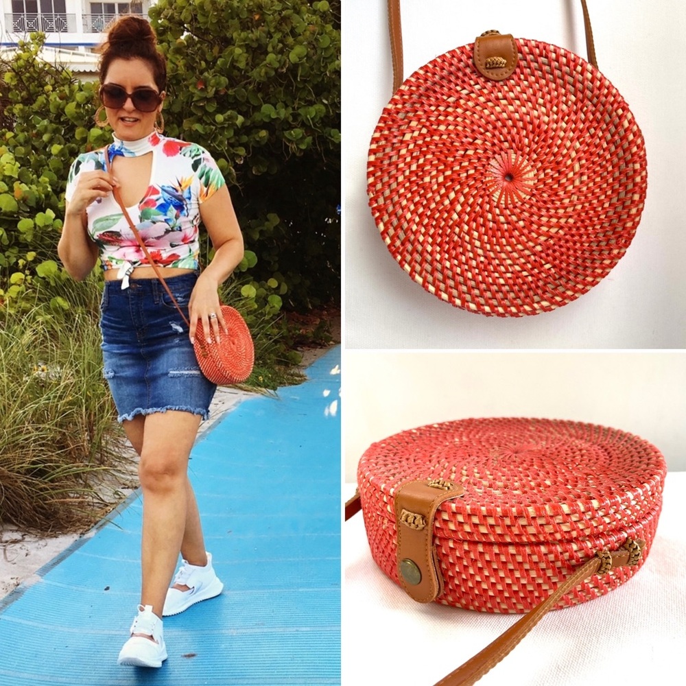 Orange Round Ratan Crossbody Purse